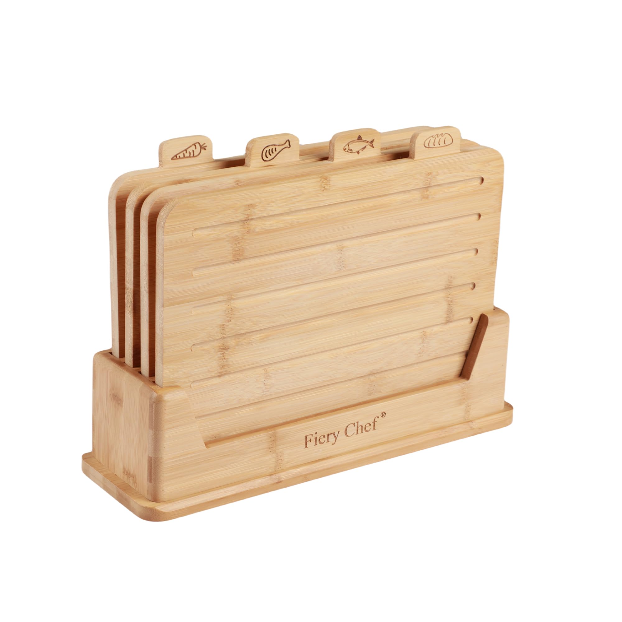 Fiery Chef bamboo board with meat icon for organized raw prep.