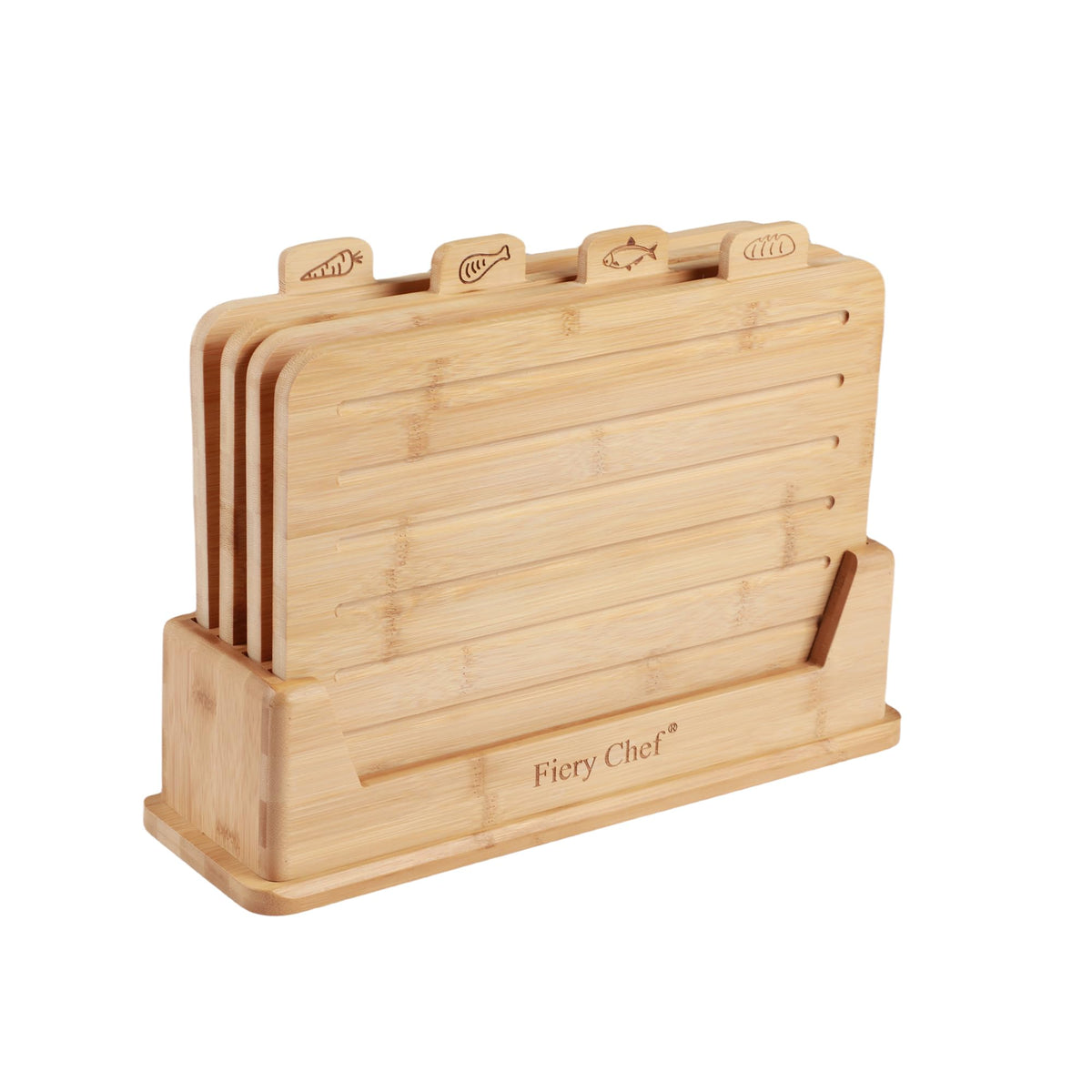 Fiery Chef bamboo board with meat icon for organized raw prep.