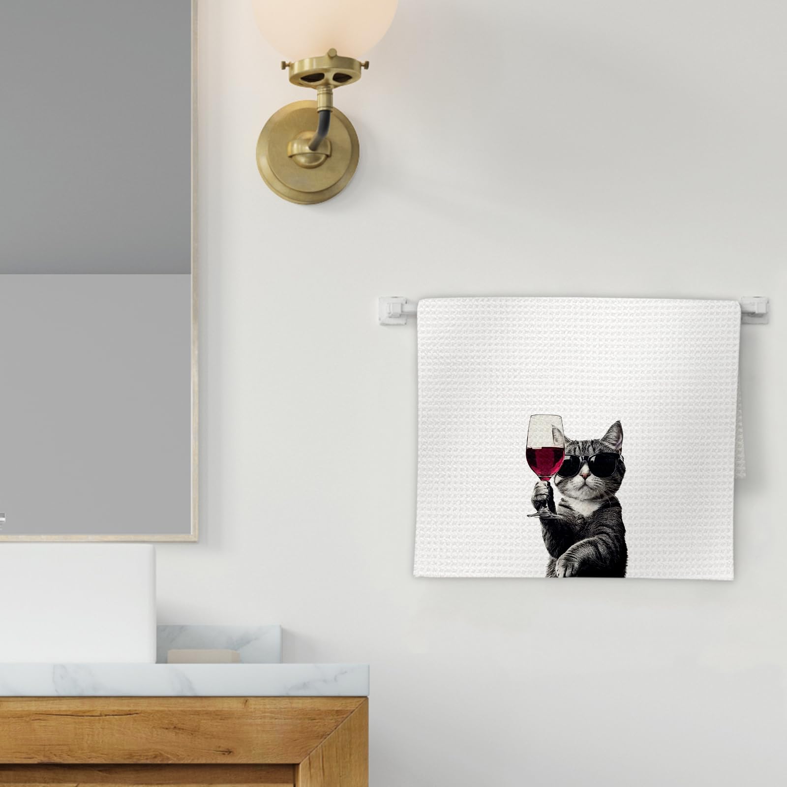 FIicy cat bar towel with wine theme enhances home bar decor.