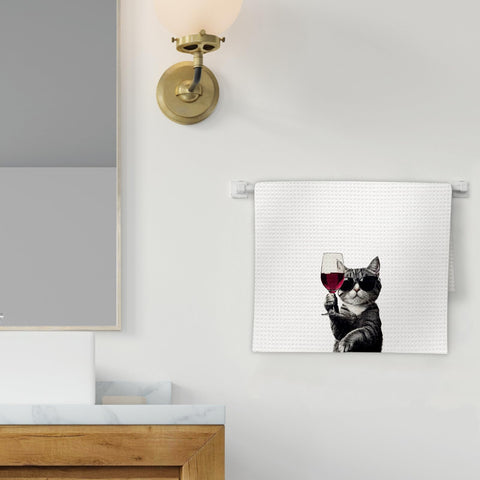 FIicy cat bar towel with wine theme enhances home bar decor.
