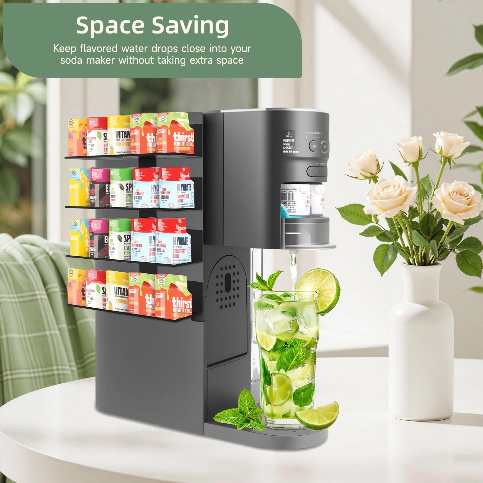 Fijaru storage rack keeps flavor pods neatly organized and reduces counter clutter.