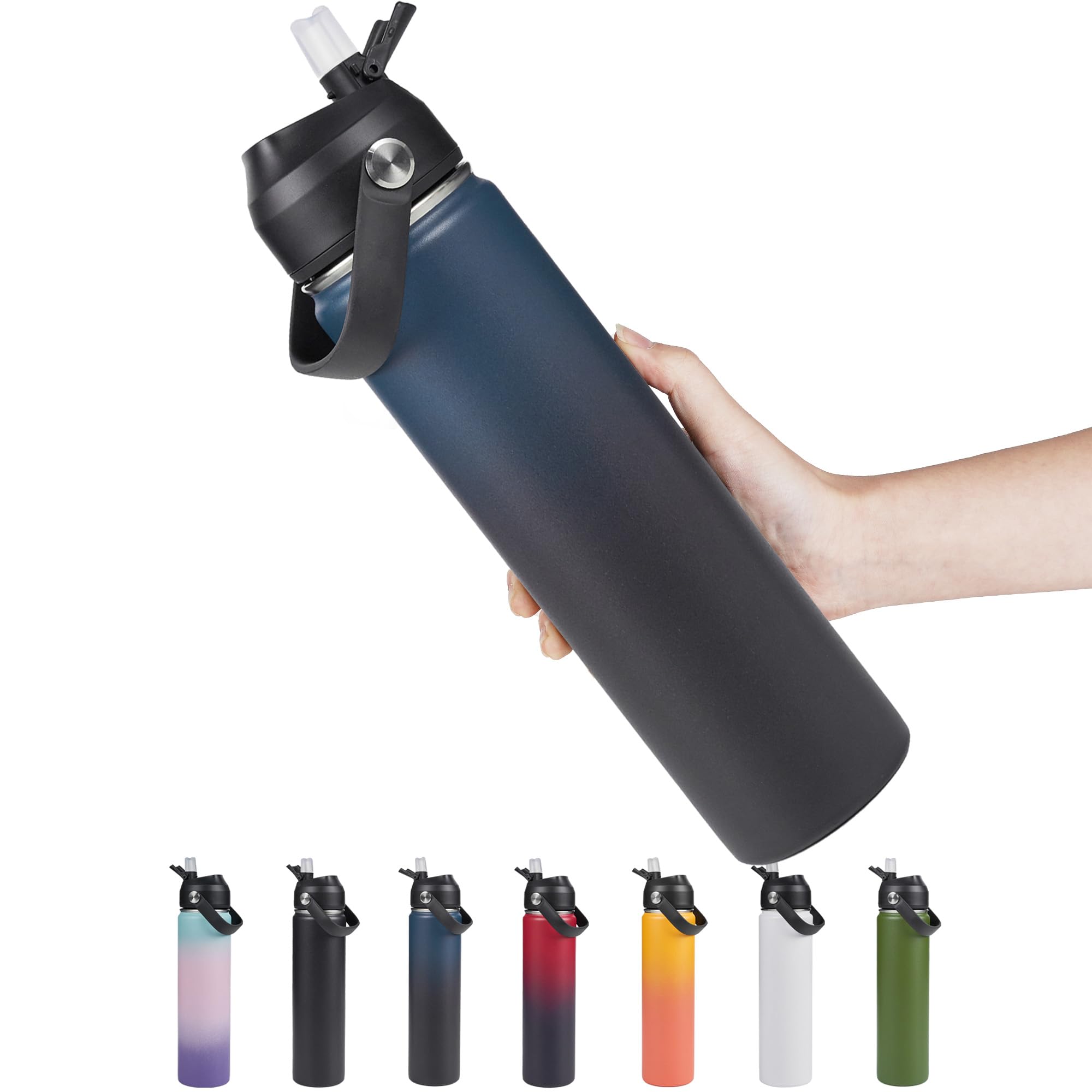 Fijinhom 24oz blue insulated bottle keeps drinks cold outdoors.