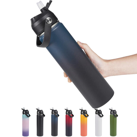 Fijinhom 24oz blue insulated bottle keeps drinks cold outdoors.