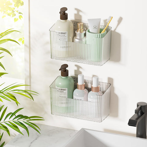 Fikinit 2-pack adhesive cabinet door caddies keep bathroom essentials organized.