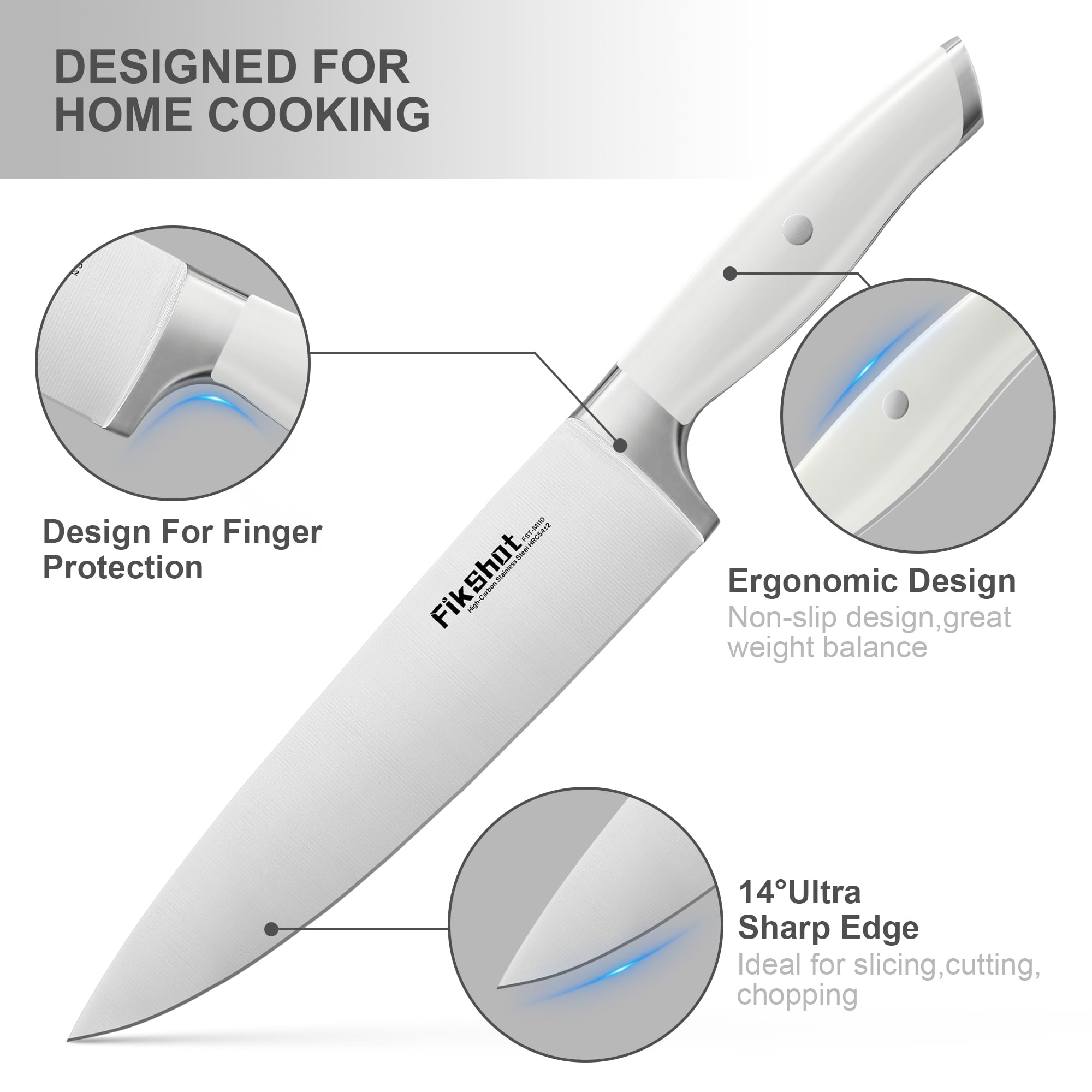 FikShot 8in bread knife with long serrated edge for even cuts.