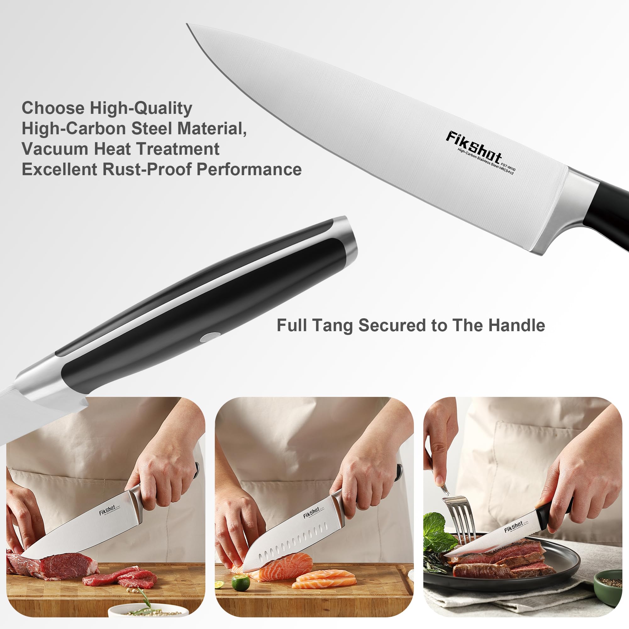 FikShot 8-inch chef knife ready for precise slicing.