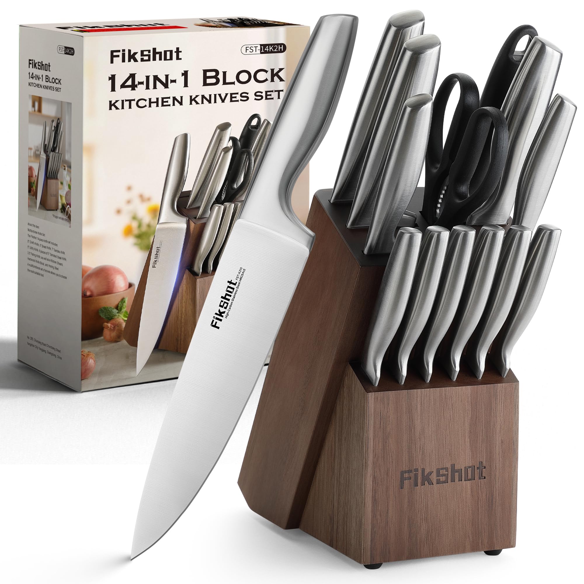 FIKSHOT knife block set with silver walnut finish for easy meal prep