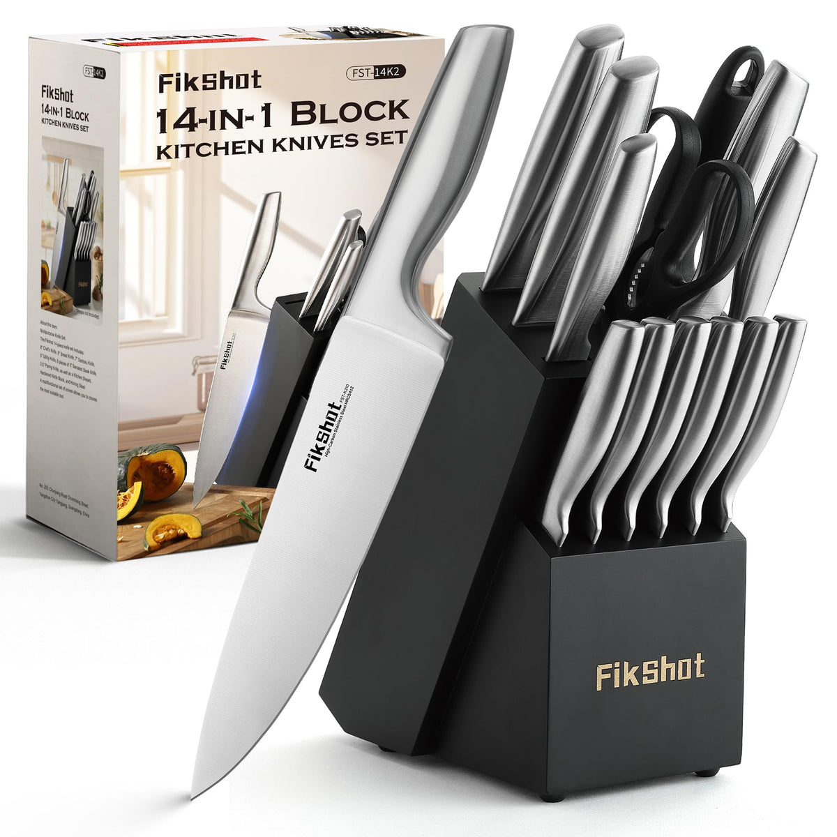 FikShot premium knife block set displayed on counter for precise prep