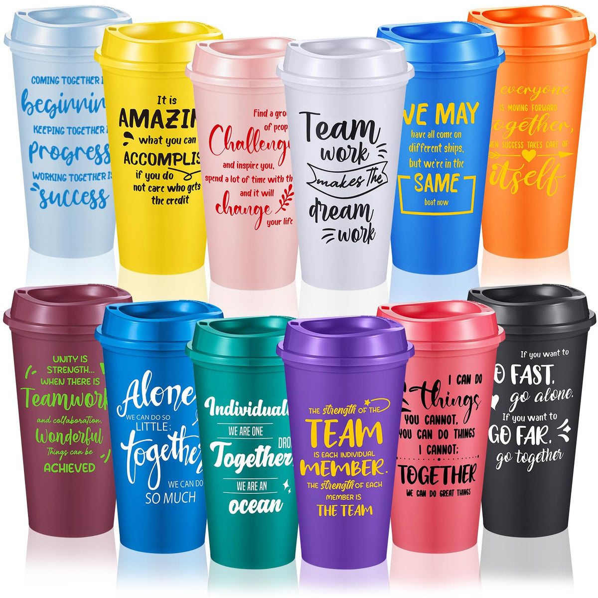 FillTouch 12-pack appreciation cups set in bright colors for office gifts.