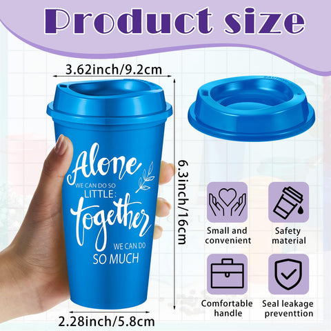 FillTouch 16oz travel mugs with lids in assorted colors for on-the-go coffee.