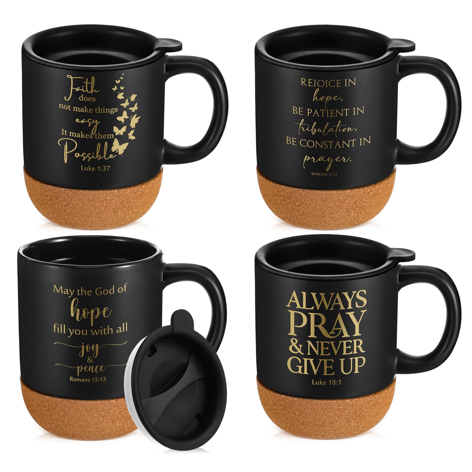 FillTouch Christian coffee mug with cork bottom protects surfaces from scratches.
