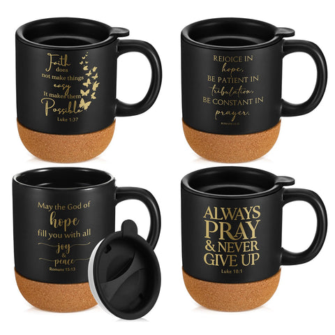 FillTouch Christian coffee mug with cork bottom protects surfaces from scratches.