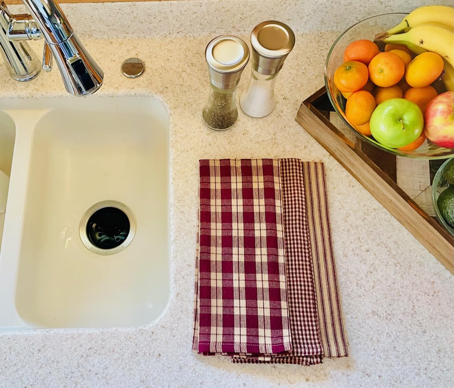 fillURbasket burgundy farmhouse towels hanging on oven handle for quick use
