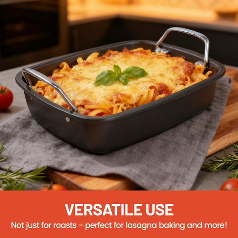 Fimary dishwasher-safe roasting pan for busy holiday cooking.