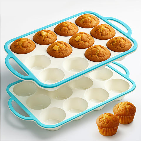 Fimary silicone muffin pan, 12 cups, blue, enables quick release