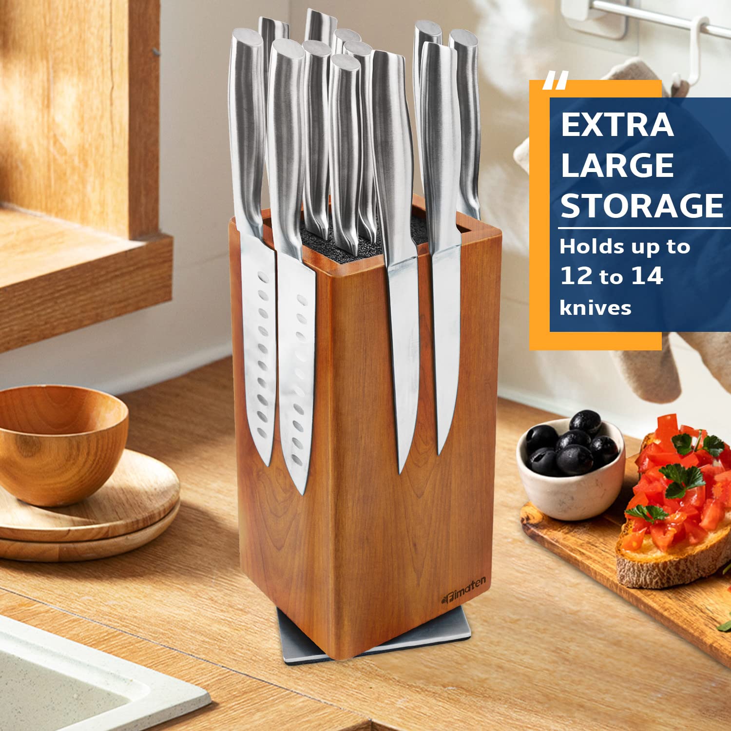 Fimaten stainless steel base provides stability for the knife block