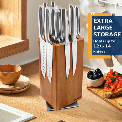 Fimaten stainless steel base provides stability for the knife block