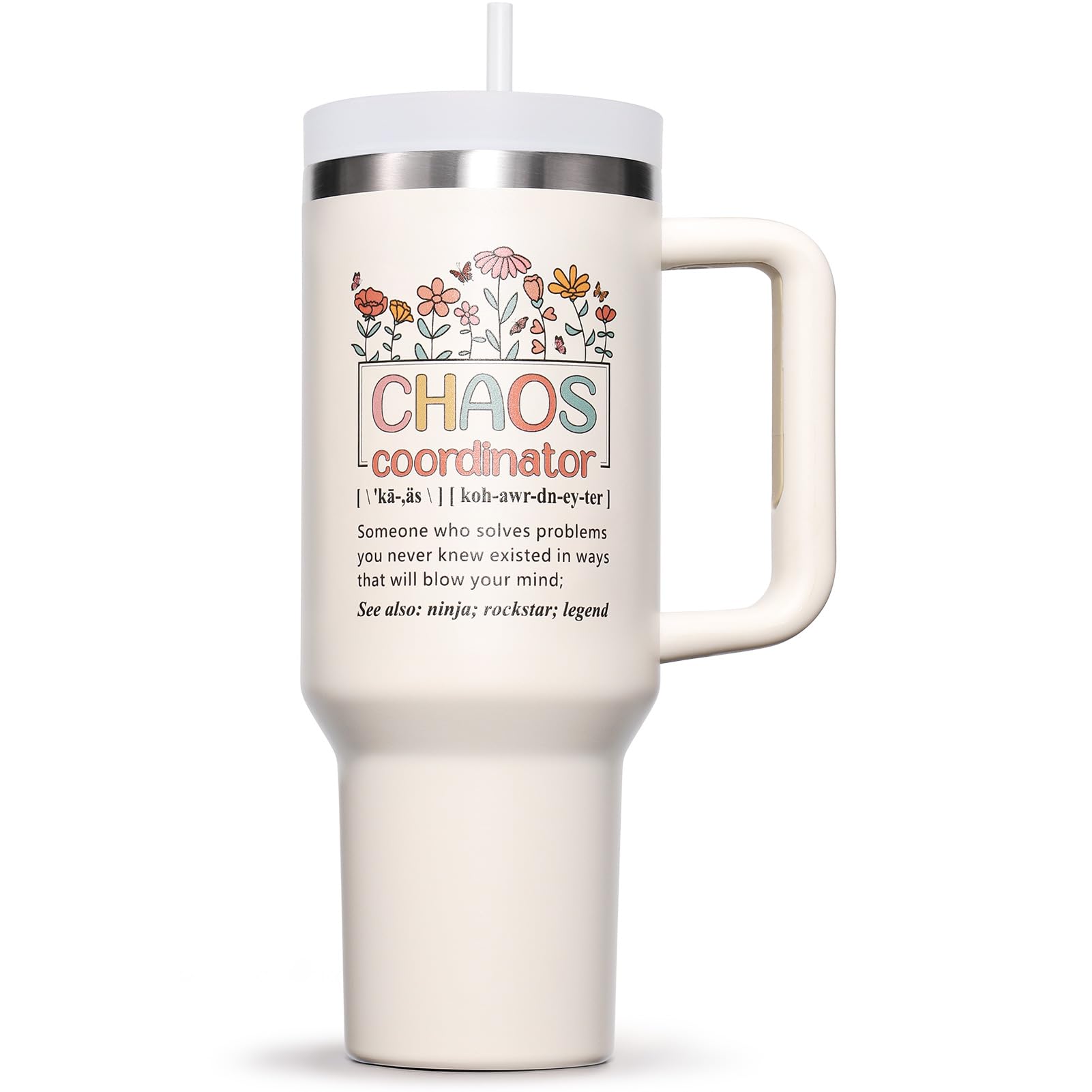 Fimibuke Chaos Coordinator 40oz tumbler with handle for on-the-go hydration.