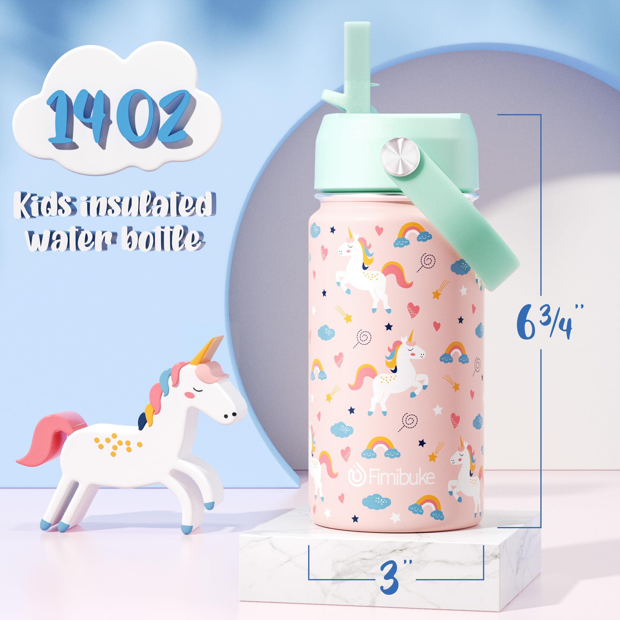 Fimibuke kids bottle in vibrant unicorn pattern, ideal for school.