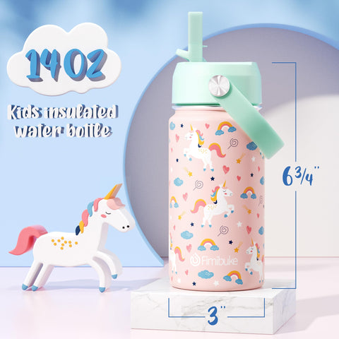 Fimibuke kids bottle in vibrant unicorn pattern, ideal for school.