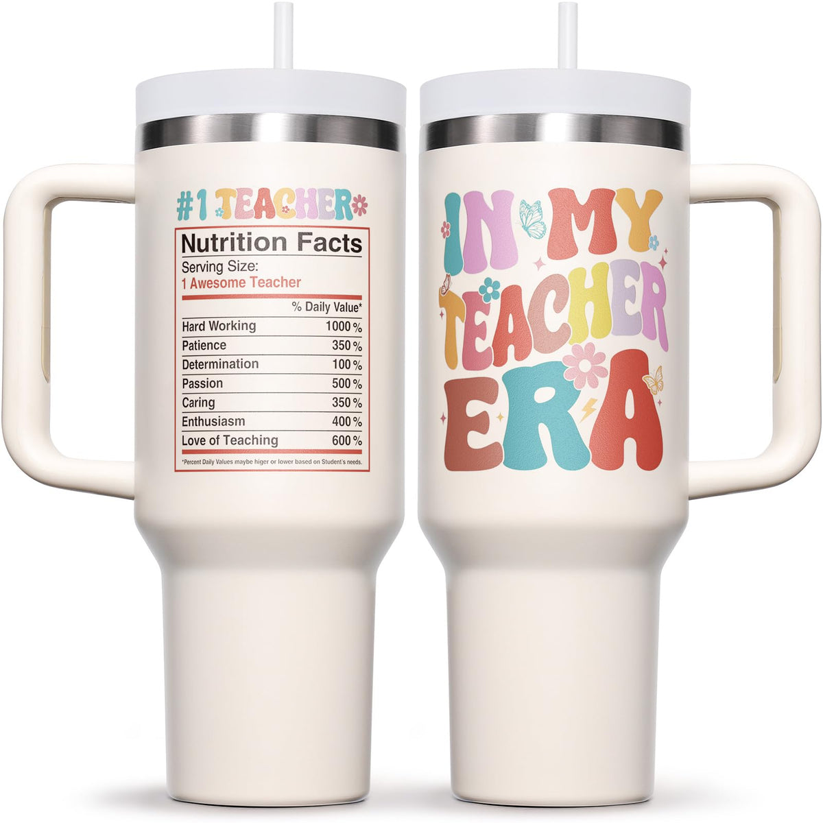 Fimibuke teacher-era 40oz tumbler front view, ideal for daily hydration on the go.