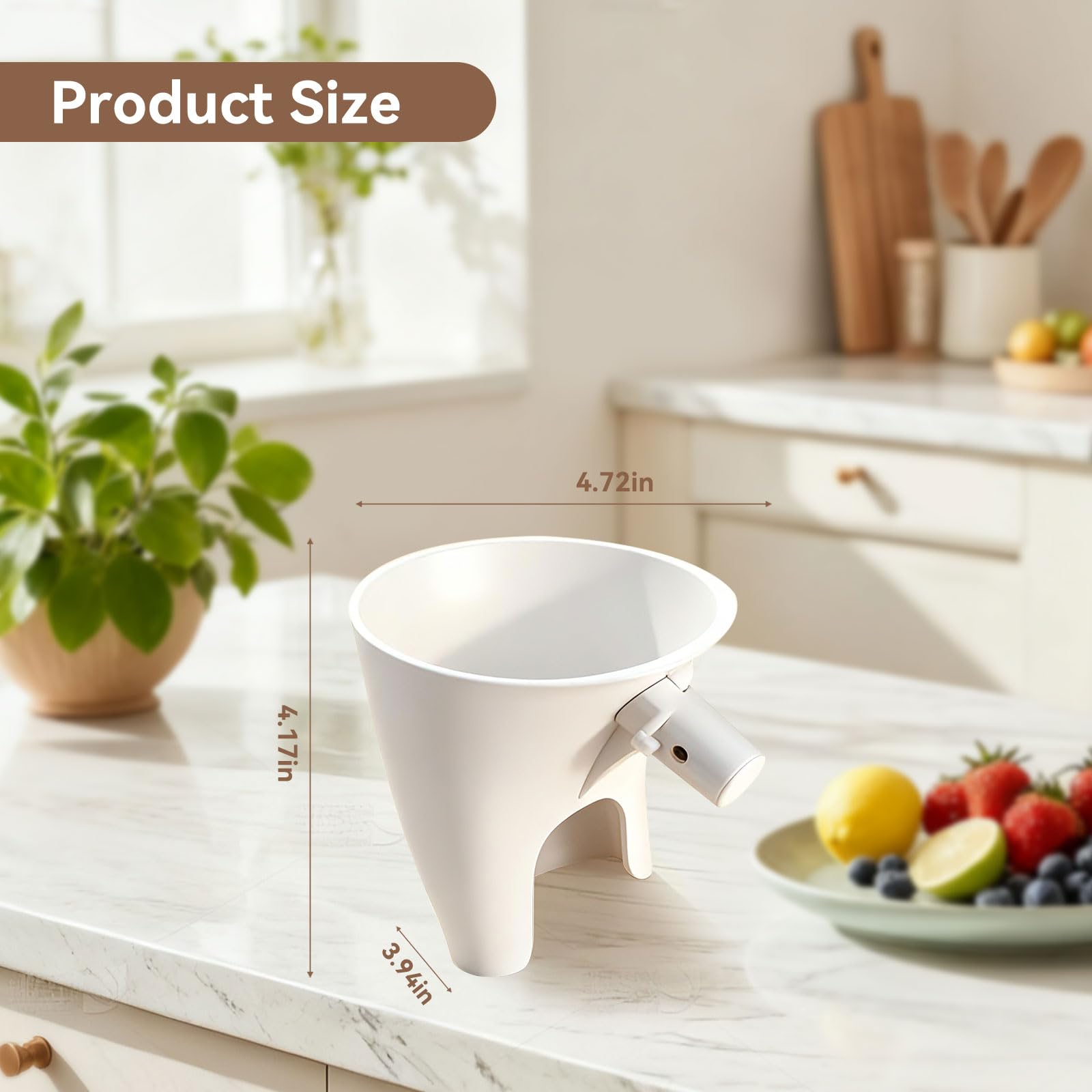 Wide-mouth funnel with angled spout guides dry ingredients cleanly into the bowl.
