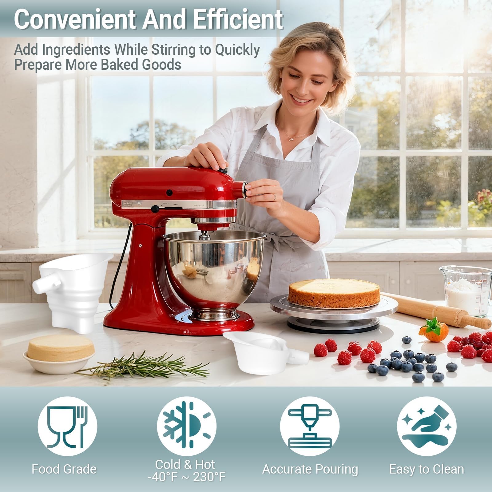 Silicone funnel handles both dry and wet ingredients without clogging.