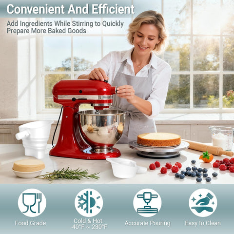 Silicone funnel handles both dry and wet ingredients without clogging.