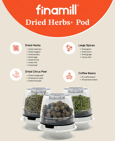 FinaMill dried herbs+ pod grinding larger spices for robust seasoning