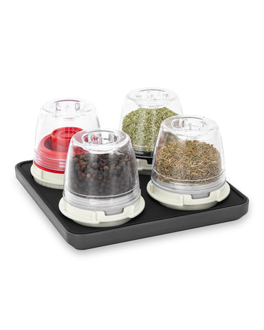 FinaMill Slate Quartet stackable design saves counter space for spices.