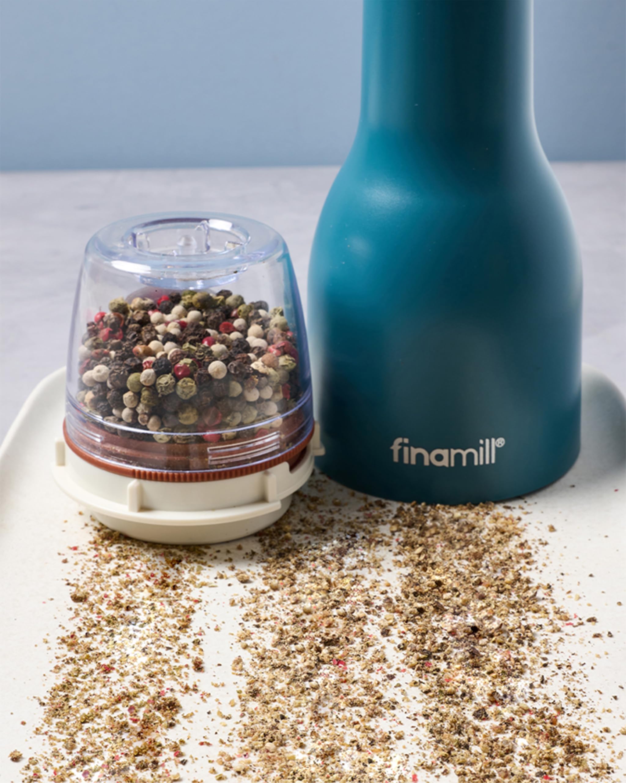 FinaMill spice pods stacked neatly to save counter space