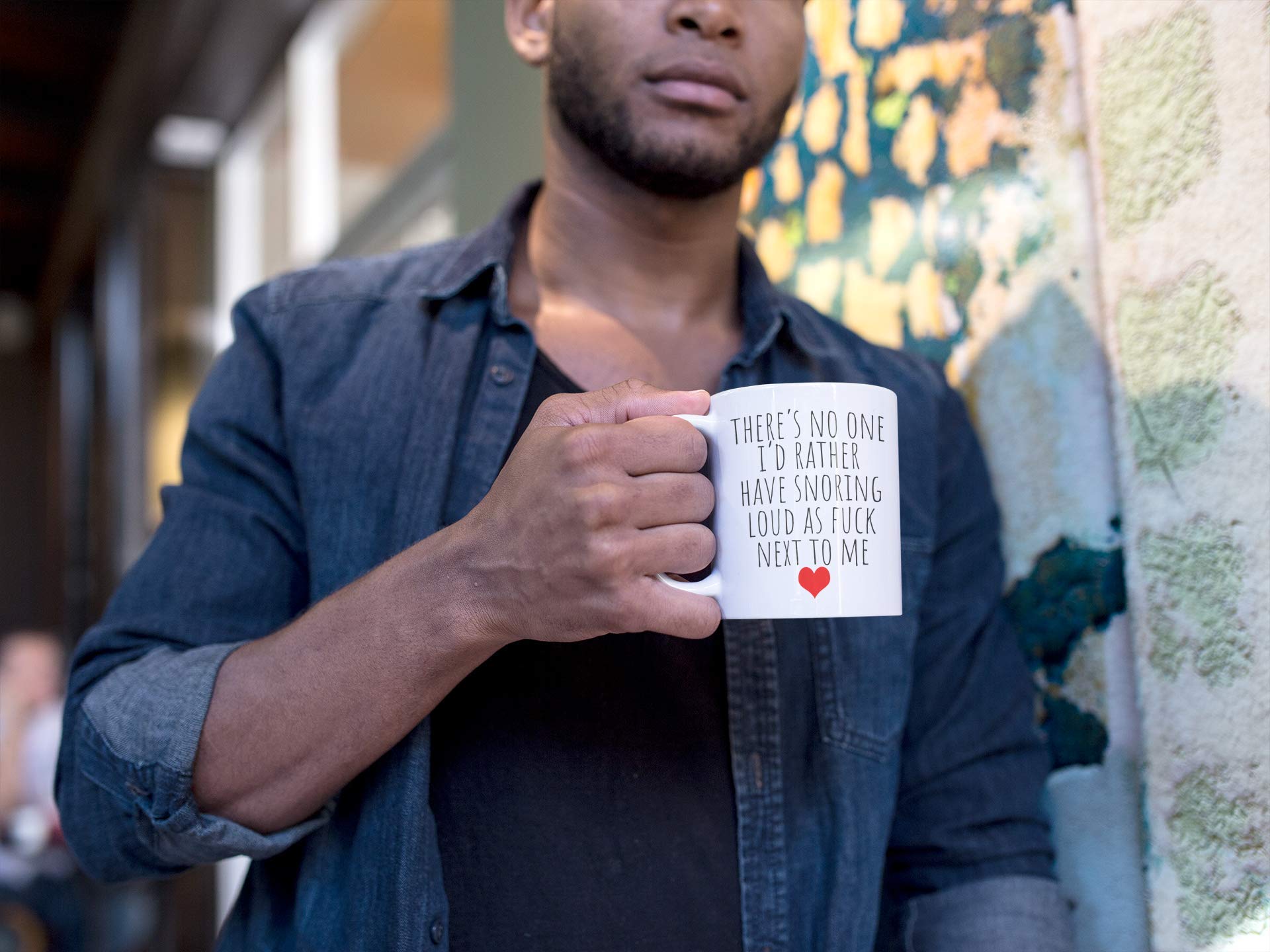 Find Funny Gift Ideas snoring mug text closeup highlighting humorous Valentine's Day sentiment.