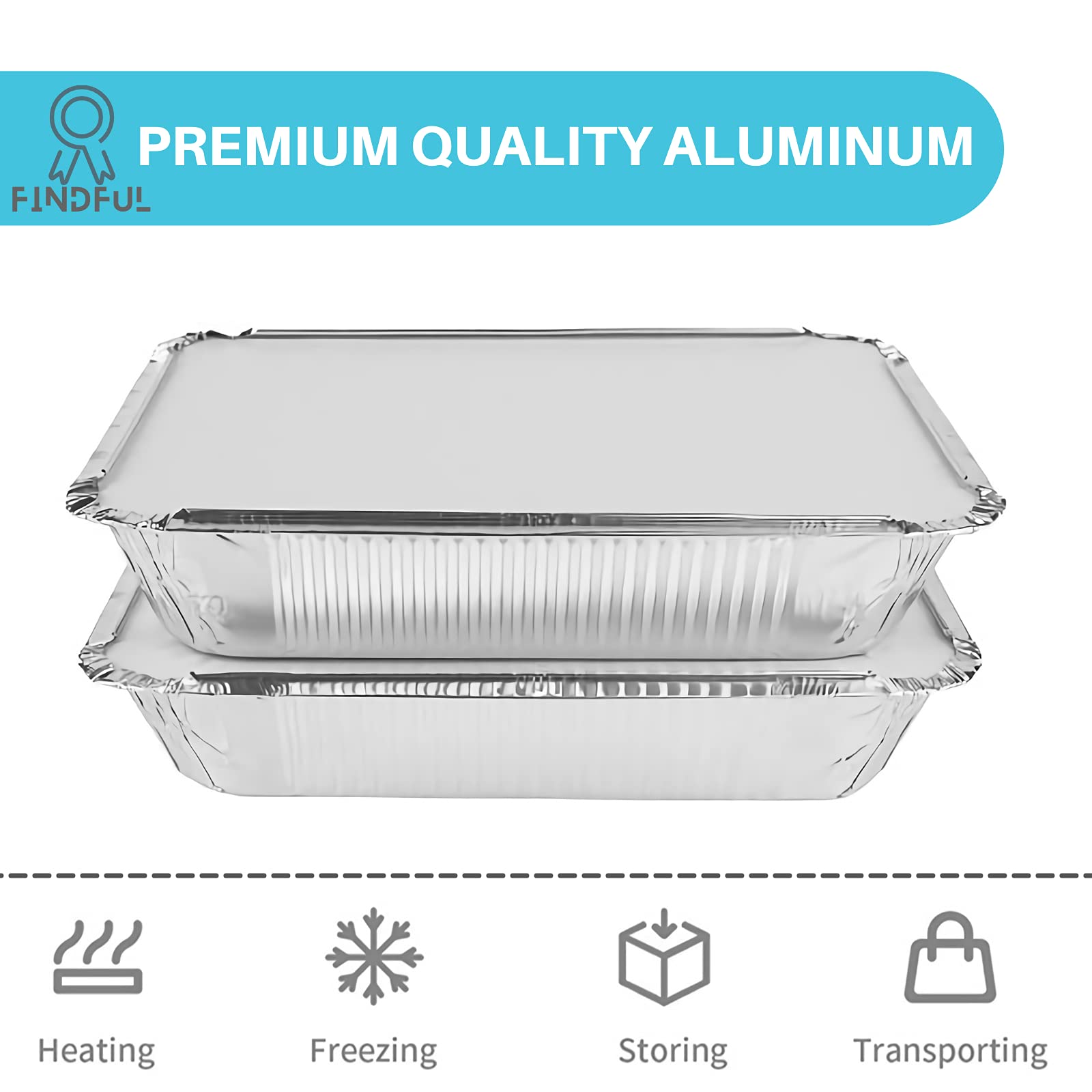 Findful aluminum pans with lids closeup, durable foil construction for oven-safe use