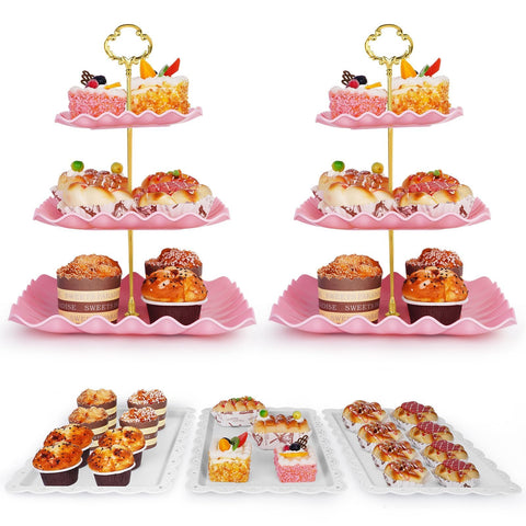 Findful pink dessert display stand 3-tier with gold rods for an elegant wedding dessert table.