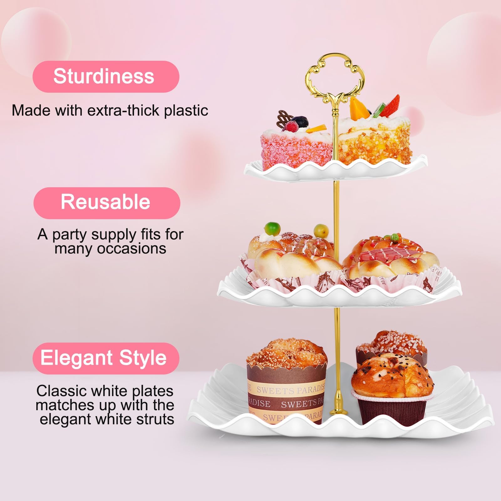 Findful triple-tier cupcake stand with gold rods adds a luxe dessert display.