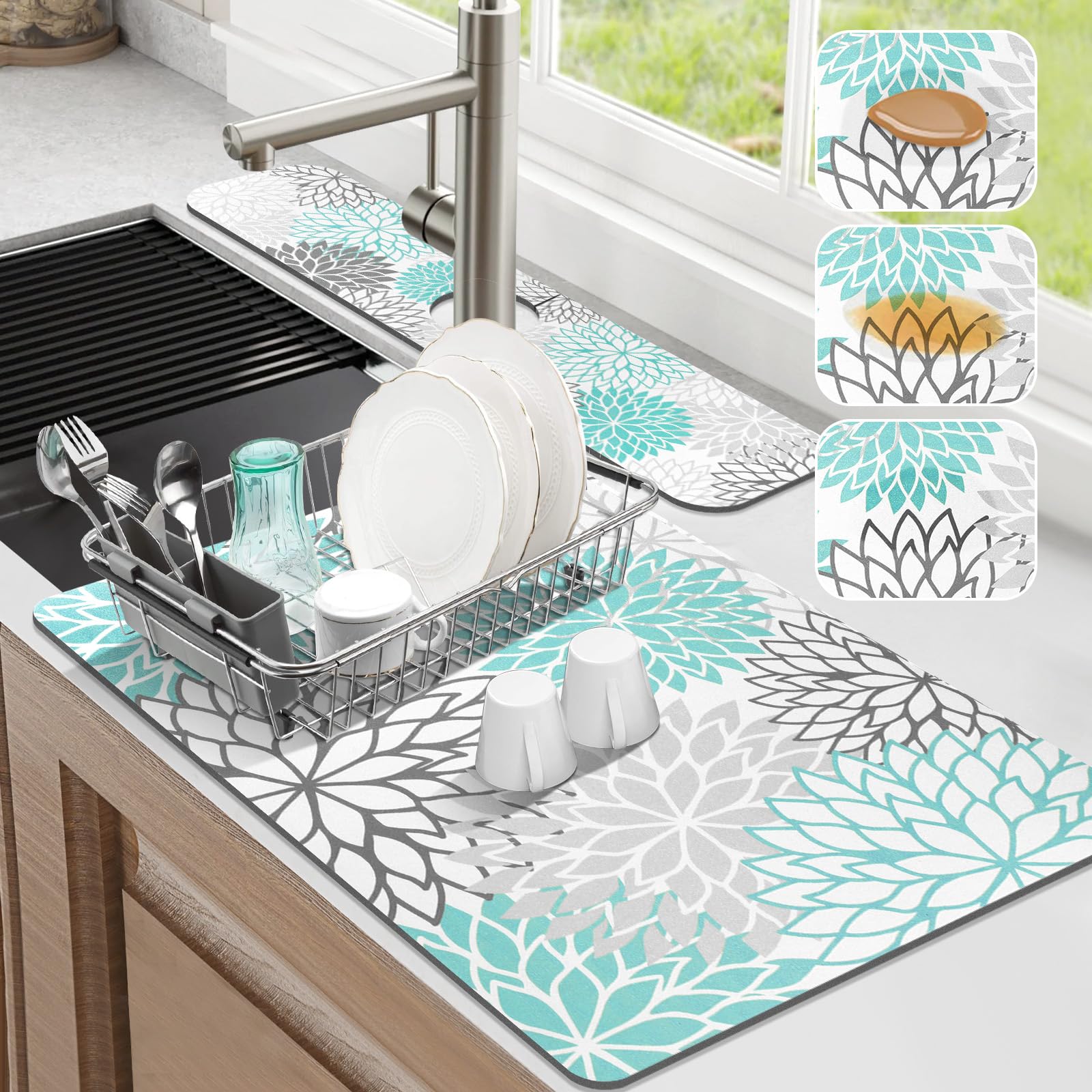 Findosom dish drying mat in teal floral design, absorbs spills on counter