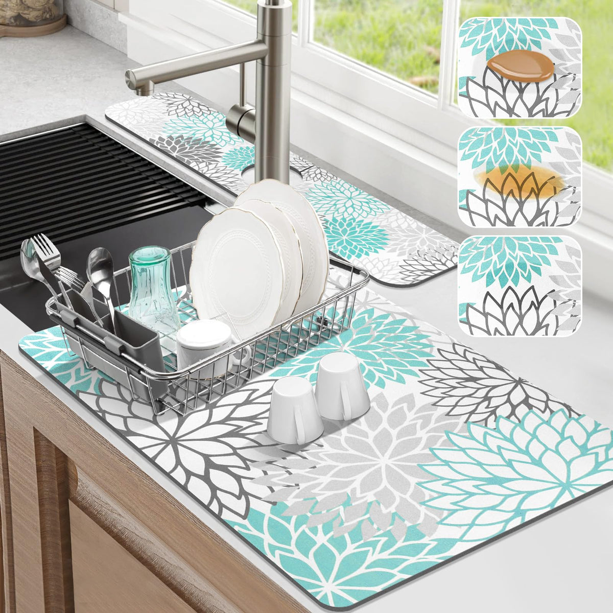 Findosom dish drying mat in teal floral design, absorbs spills on counter