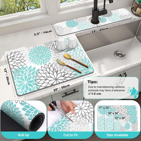 Findosom sink splash guard in teal floral pattern fits 24x5-5 inch