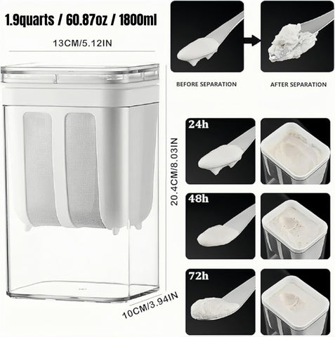 FindXeink yogurt strainer whey-separation close-up shows clean filtration for creamy yogurt