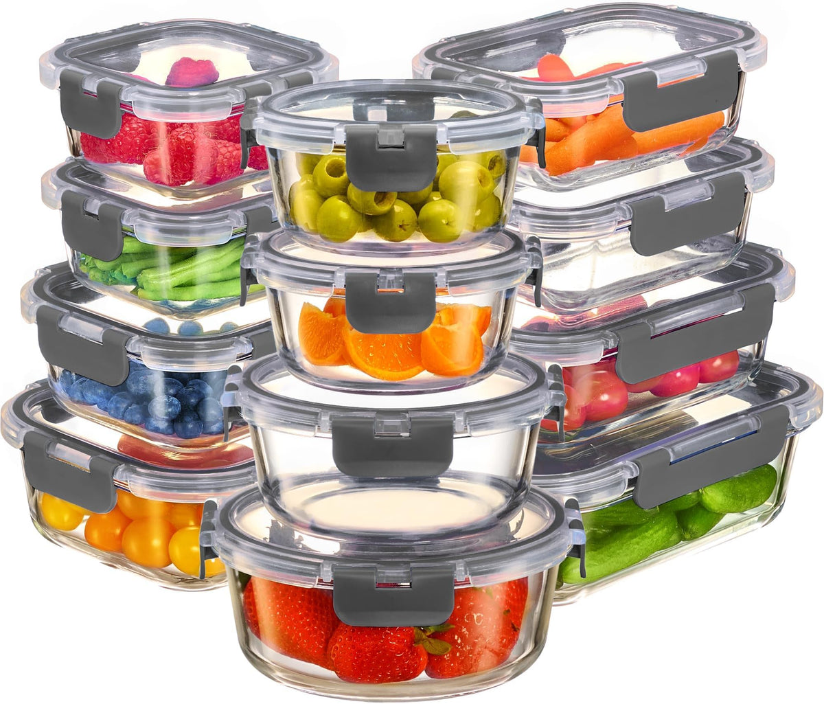 FineDine 24pc borosilicate glass meal prep containers with airtight lids for freshness