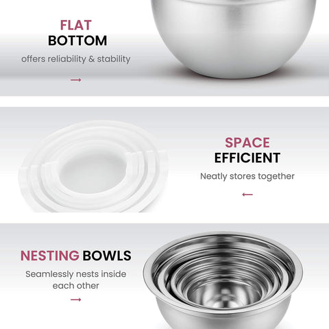 FineDine mixing bowls in varying sizes for eggs, batters, and sauces