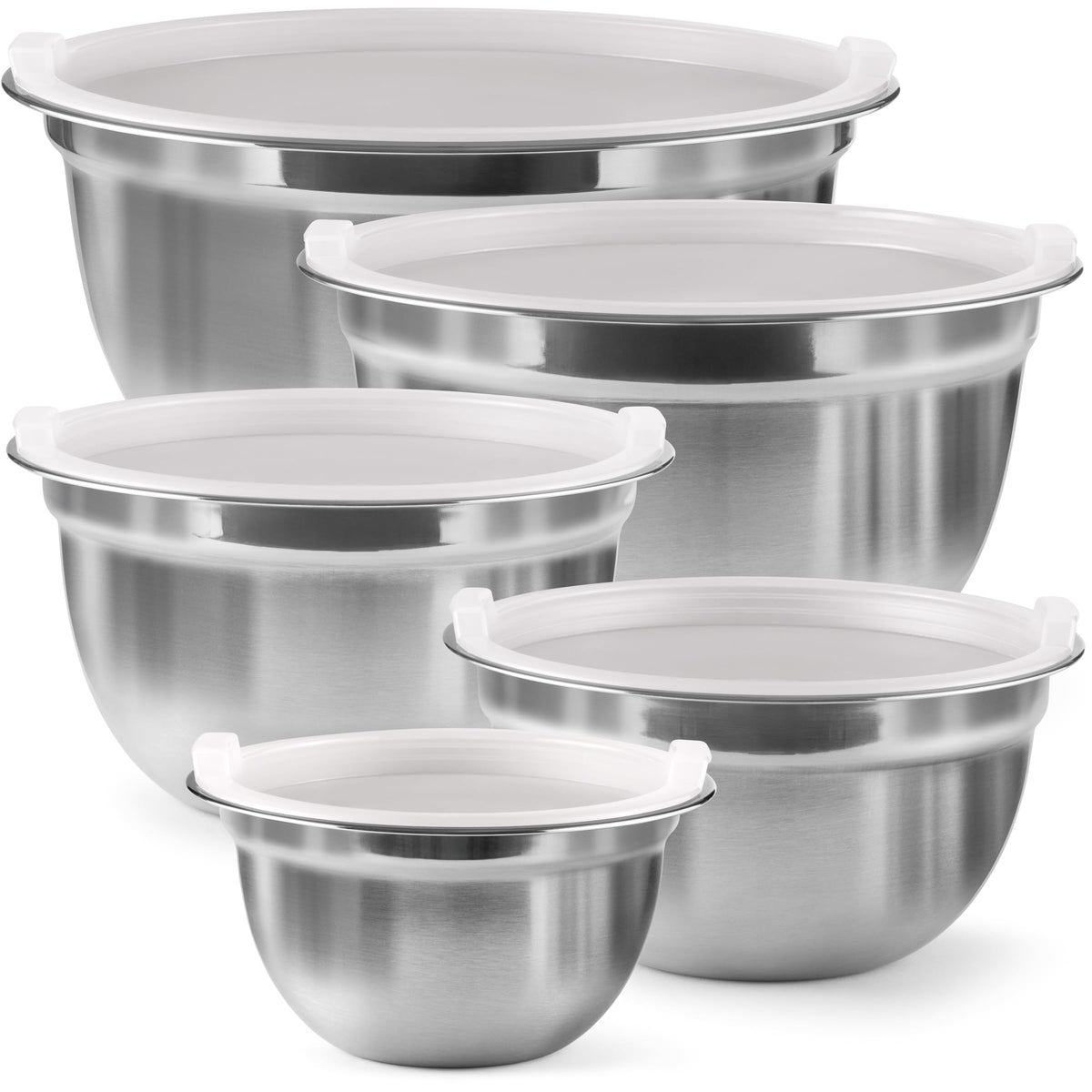 FineDine stainless steel mixing bowls with lids for compact storage and freshness