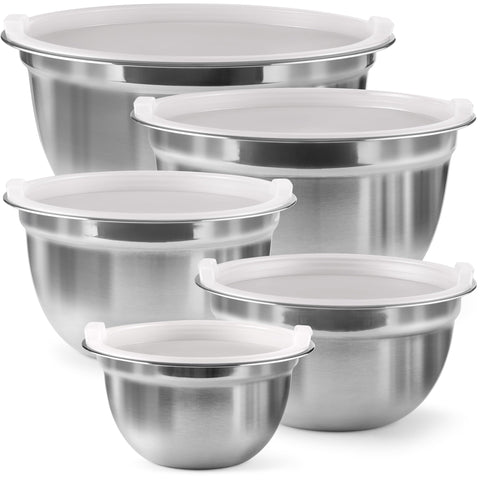 FineDine stainless steel mixing bowls with lids for compact storage and freshness