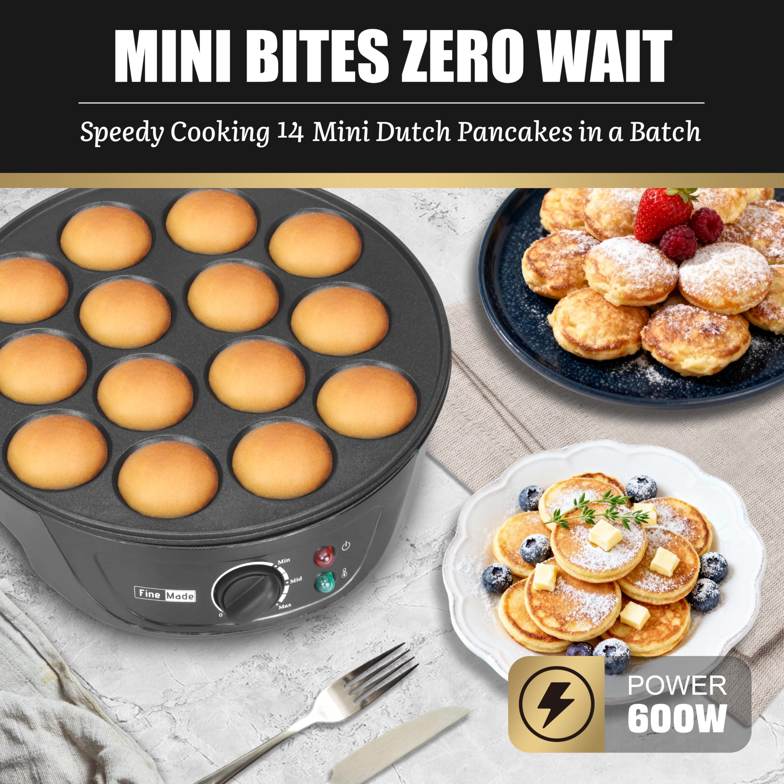 FineMade 14-slots poffertjes pan with browning control for uniform browning.