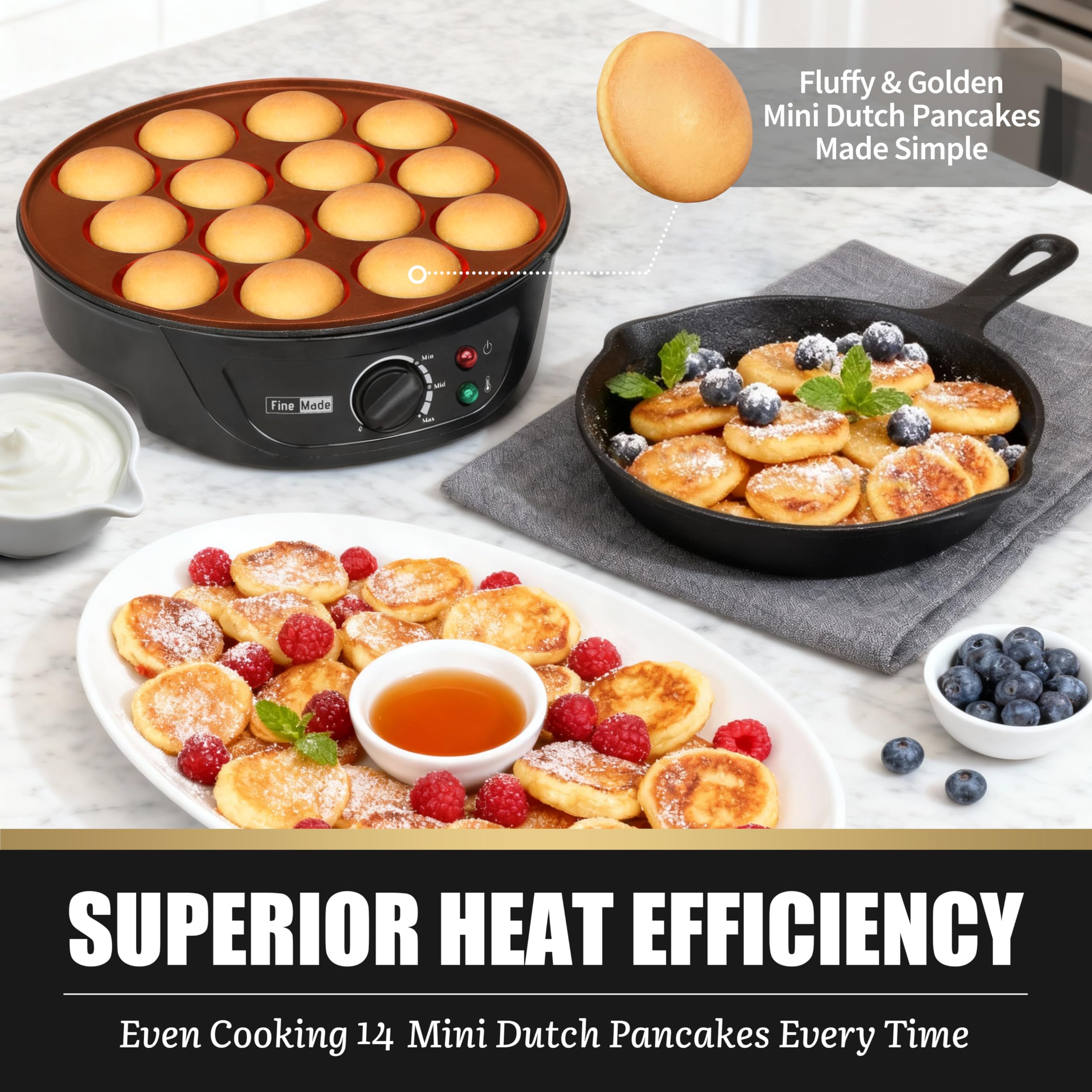 FineMade ebelskiver pan with non-stick coating for easy flipping.