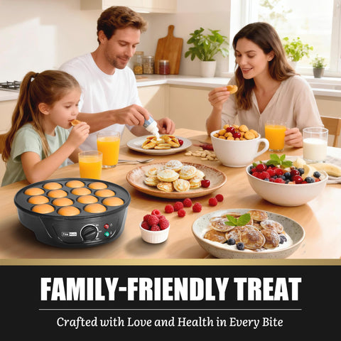 FineMade family breakfast idea showcasing 14 little pancakes on a warm griddle.