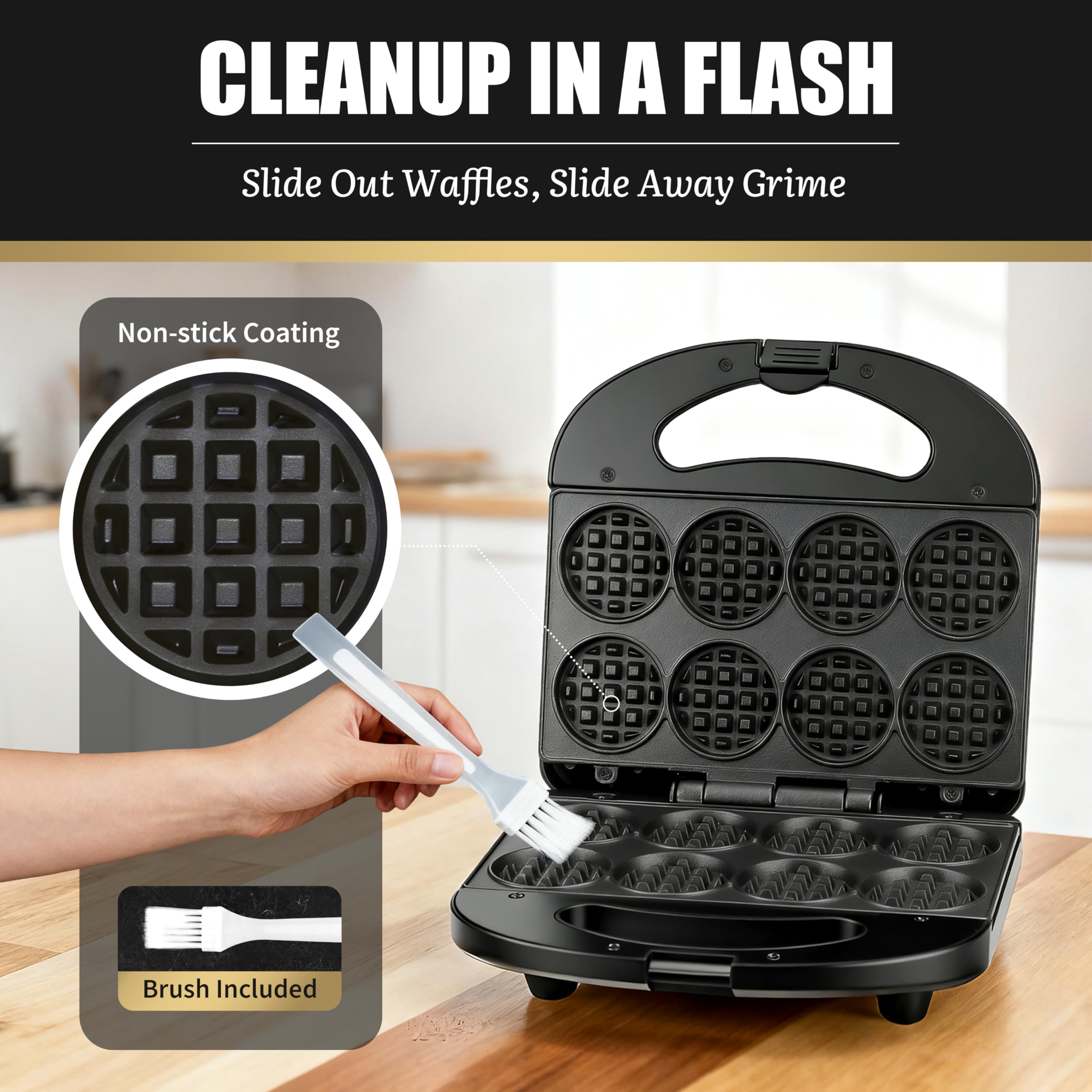 FineMade Mini Waffle Maker cool-touch handles for safe kid-friendly use.