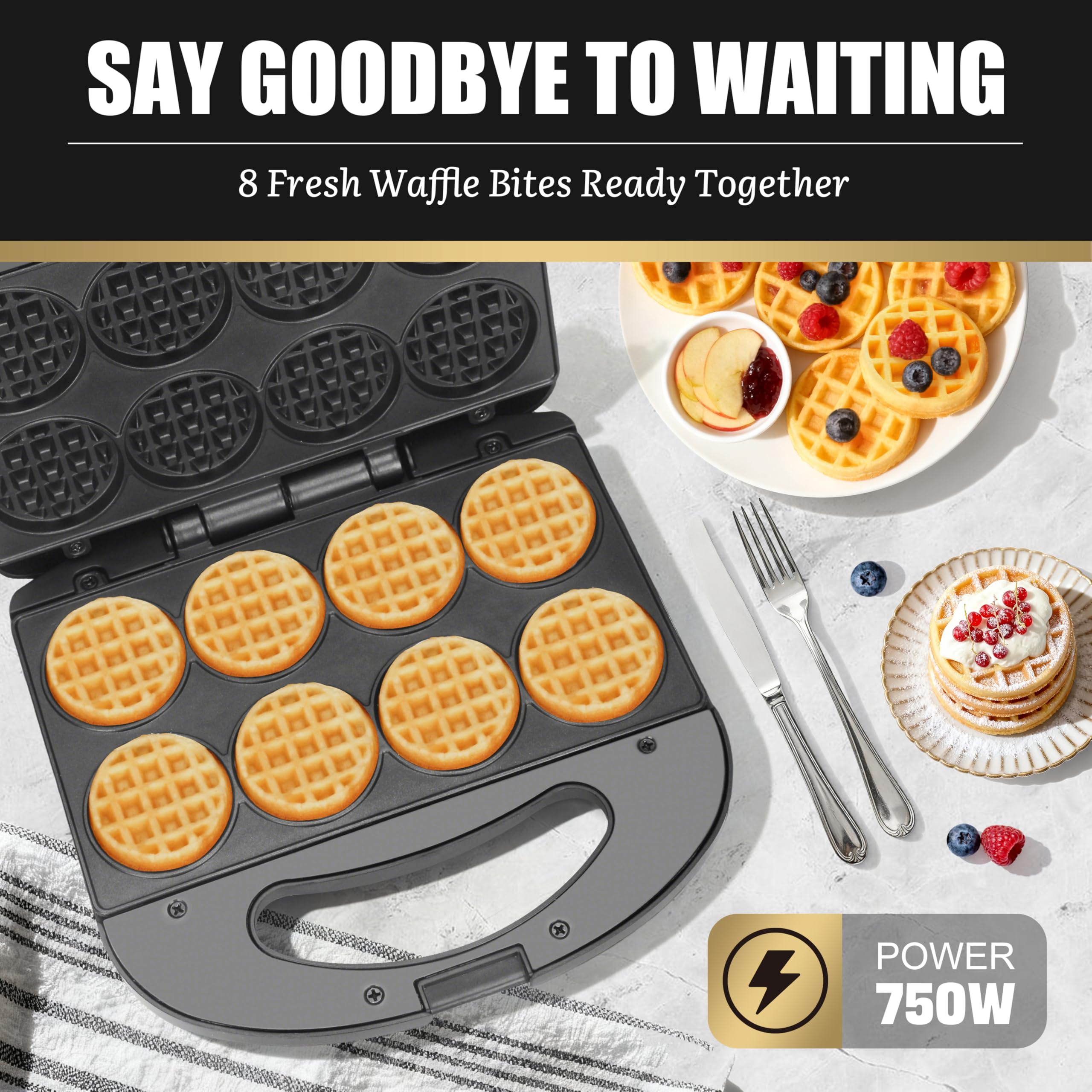 FineMade Mini Waffle Maker with even heat system for quick, consistent browning.