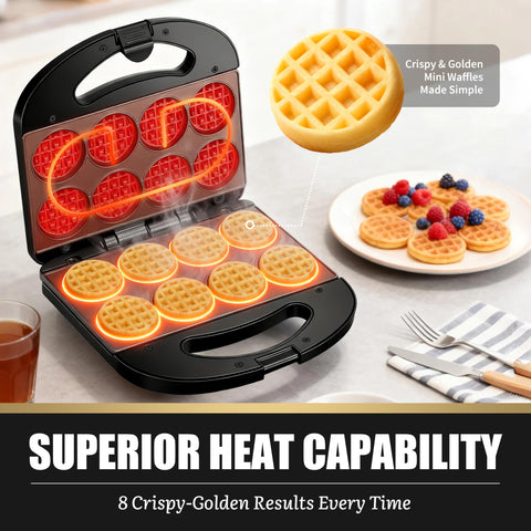 FineMade Mini Waffle Maker non-stick surface for easy release and cleanup.