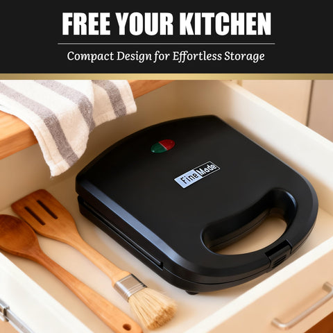 FineMade Mini Waffle Maker vertical storage to save counter space.